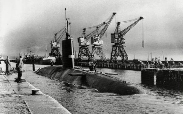 HMS Warspite leaving the shipyard at Barrow-in-Furness 
